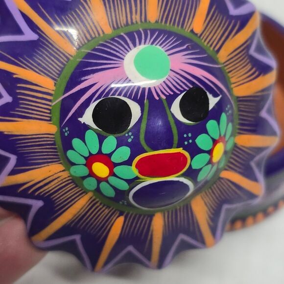 Mexican Talavera Sun Face Trinket Box Pottery Folk Art Purple and Orange - Picture 3 of 8
